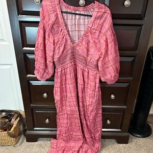 Free People Pink Plaid V-Neck Maxi Dress